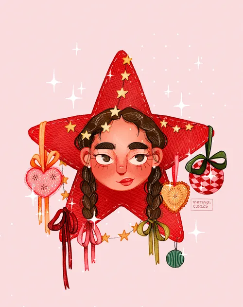 Christmas-themed illustration of a girl with braided hair inside a red star by Martina Curiotto