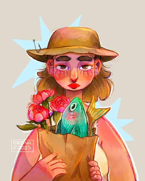 Experimental portrait of woman holding flowers and a fish by Martina Curiotto