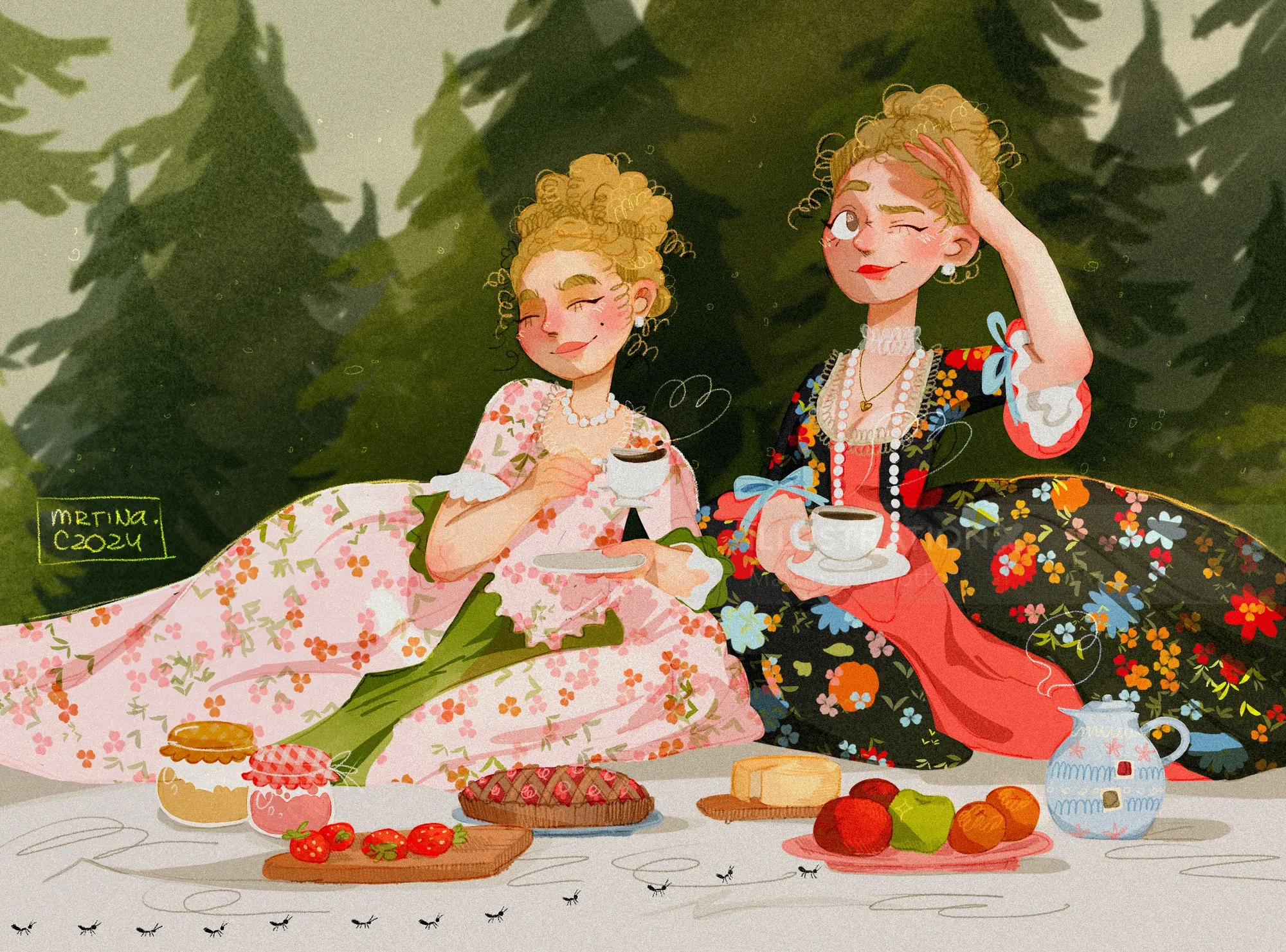 Two women having tea and snacks at a royal picnic by Martina Curiotto