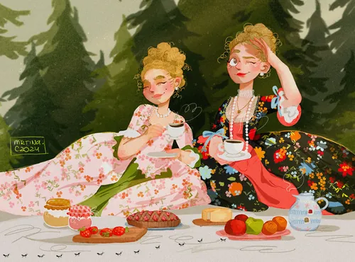 Two women having tea and snacks at a royal picnic by Martina Curiotto