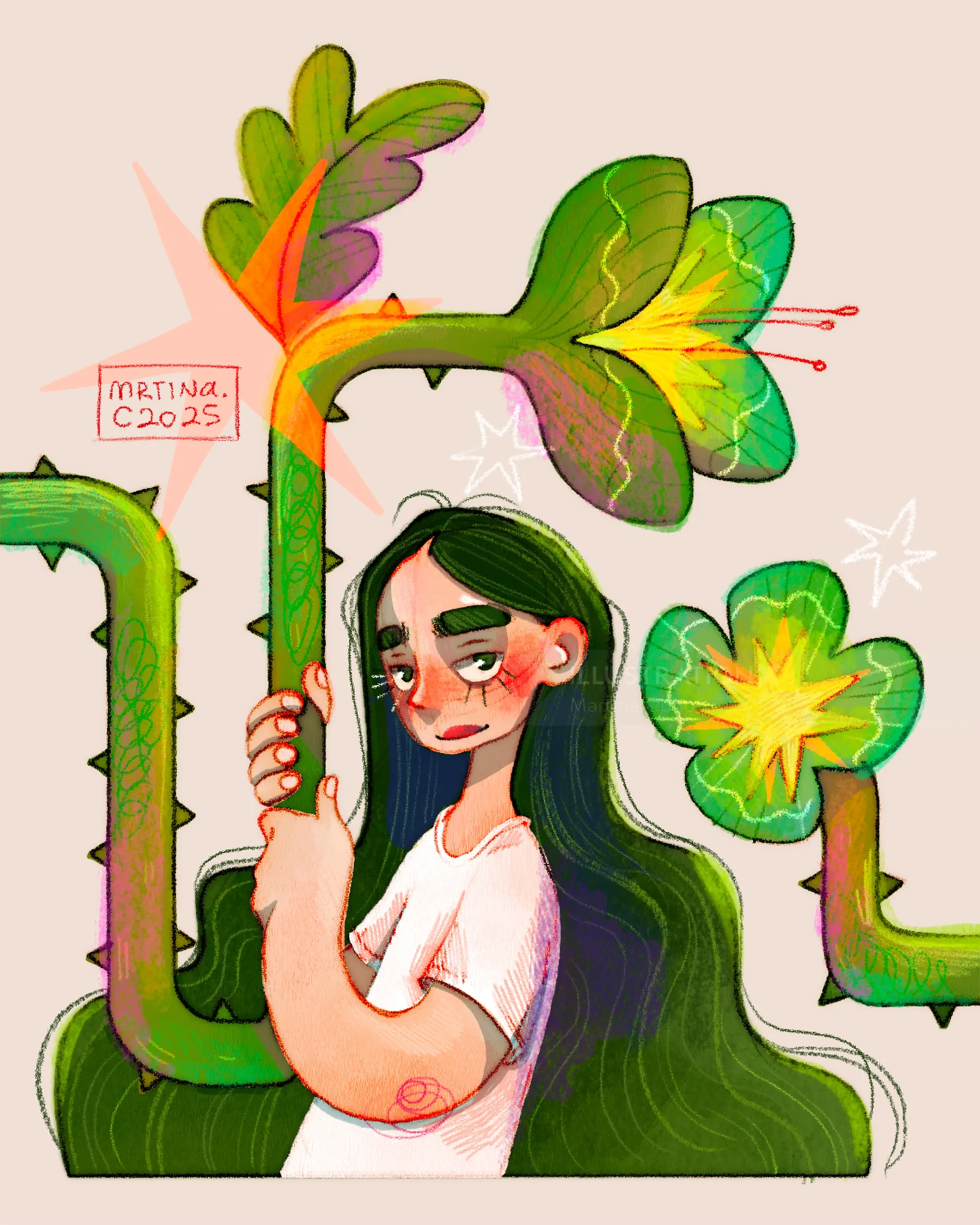 Experimental drawing of a girl holding large green plant by Martina Curiotto