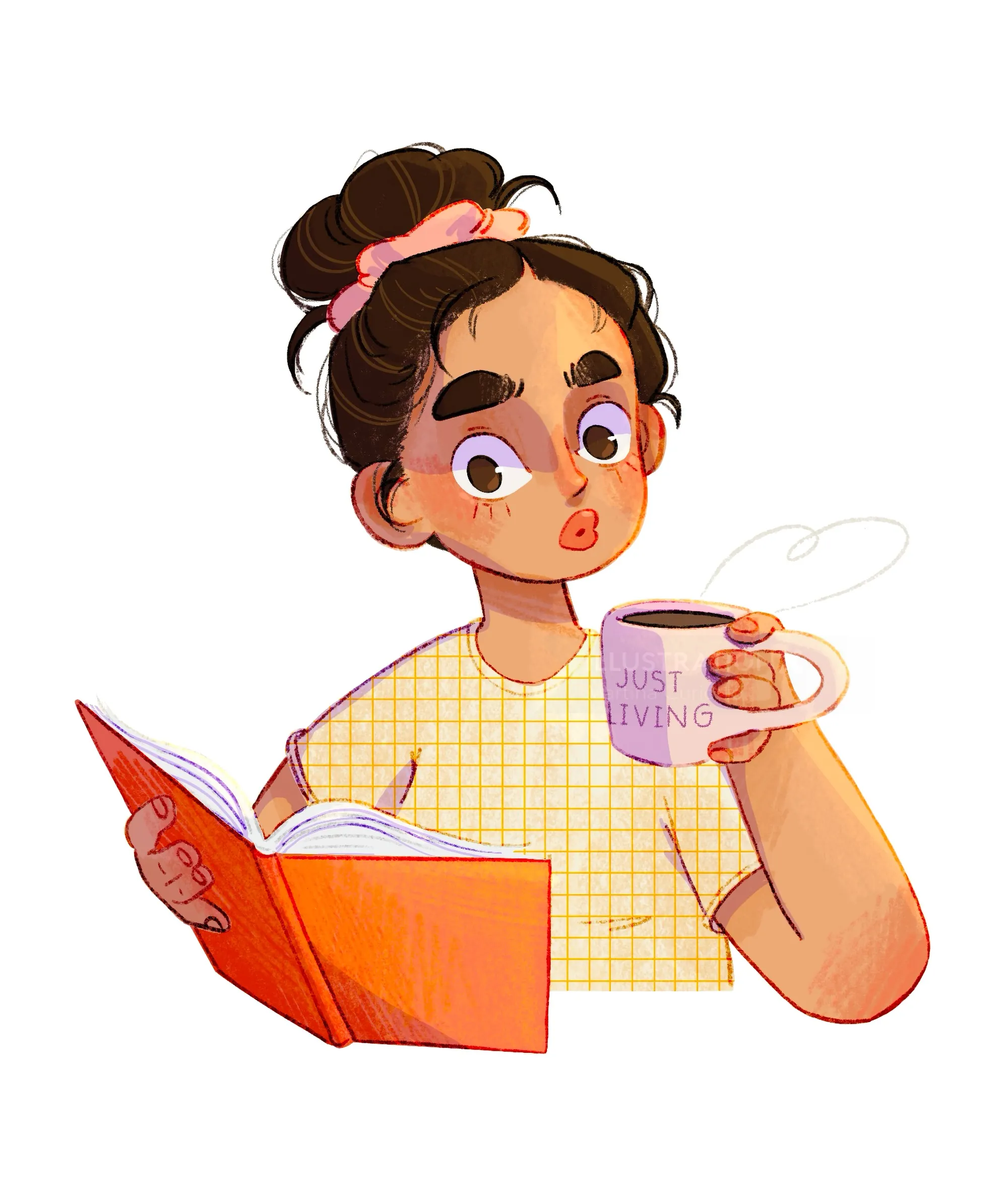 Girl holding a book and a steaming tea mug by Martina Curiotto