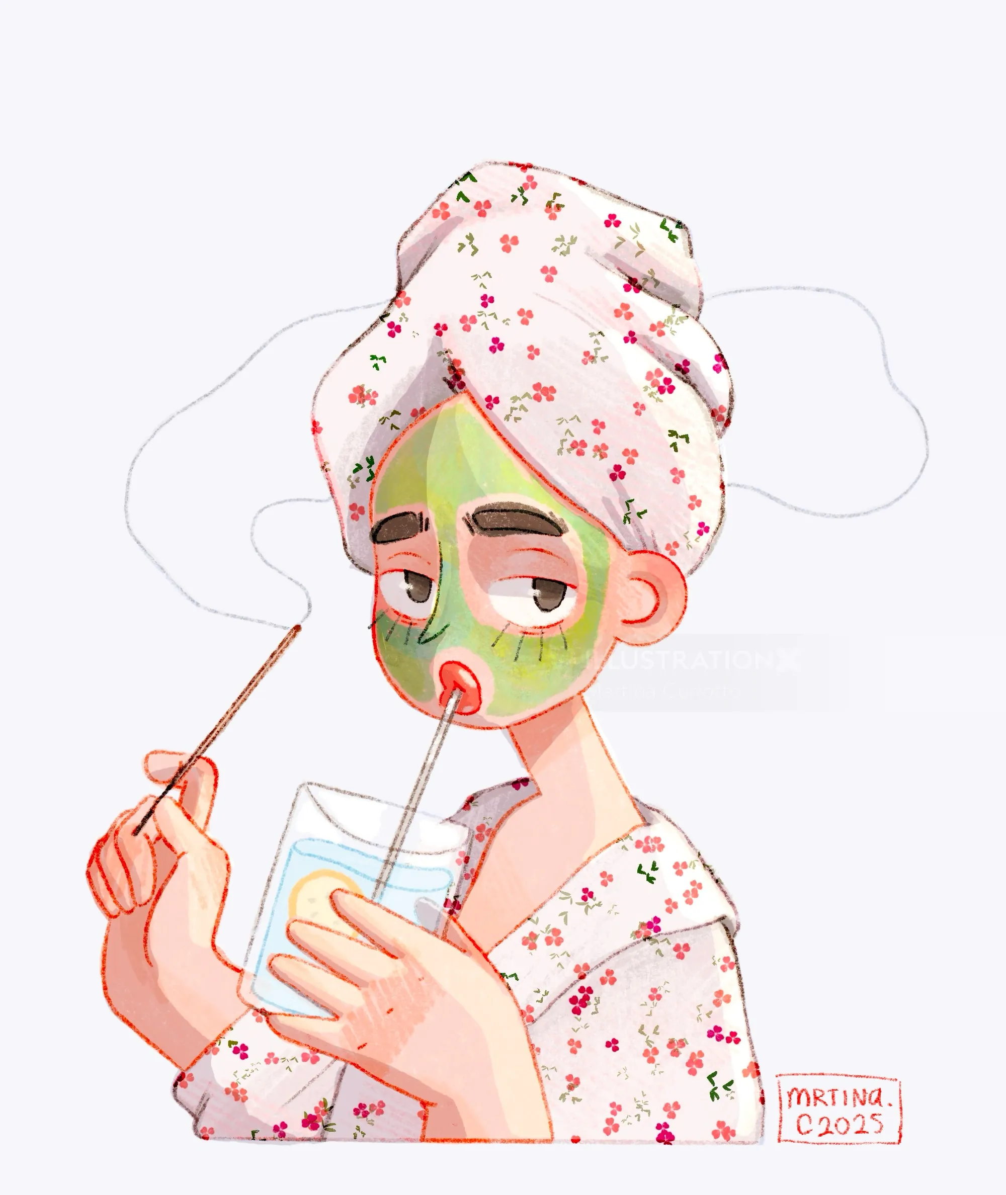 Woman with facial mask wearing floral robe and towel by Martina Curiotto