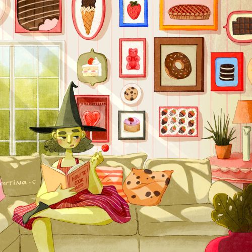 Witch wearing hat reading book in colorful living room by Martina Curiotto