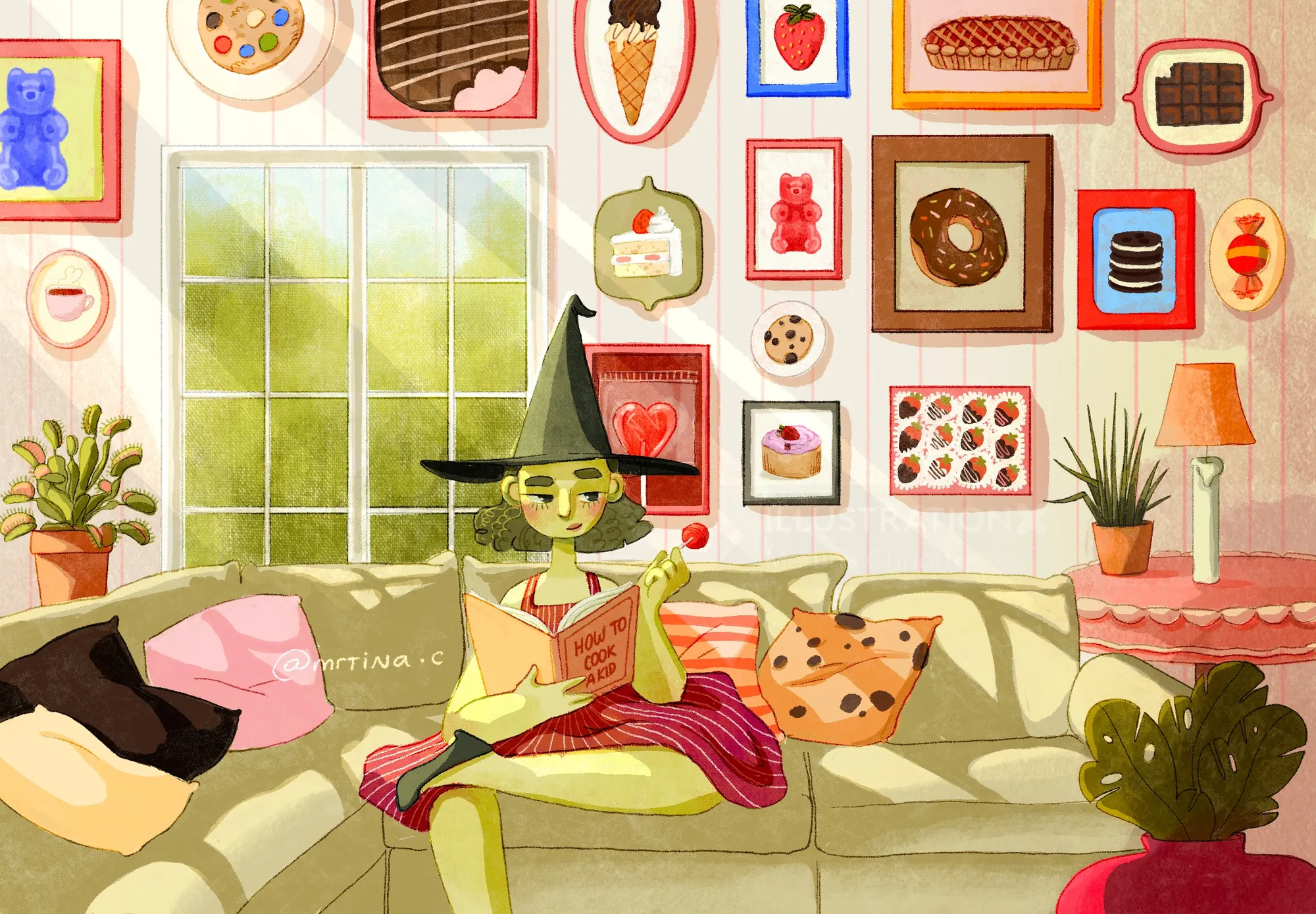 Witch wearing hat reading book in colorful living room by Martina Curiotto
