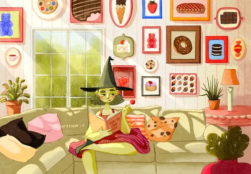 Witch wearing hat reading book in colorful living room by Martina Curiotto