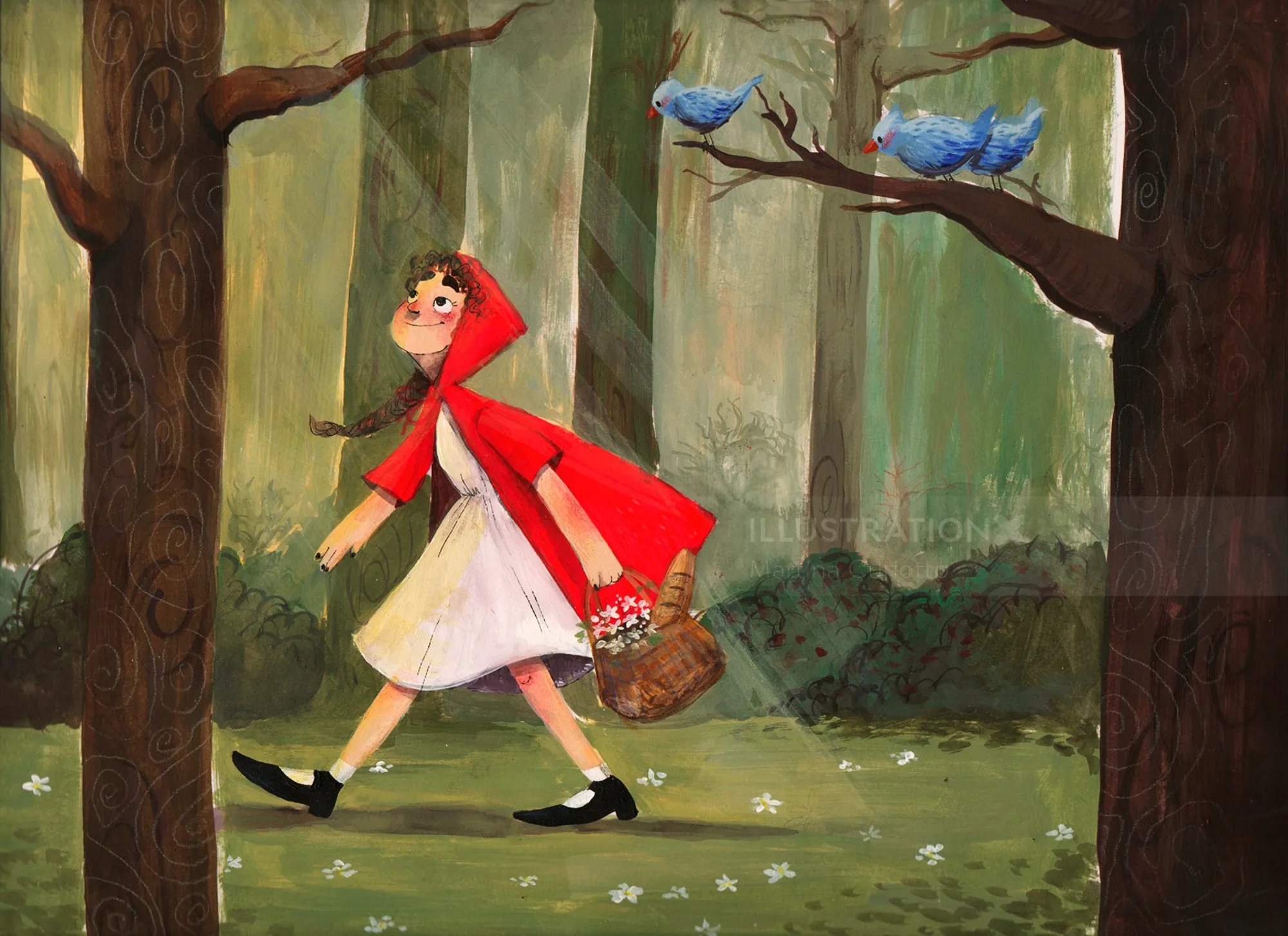 Little Red Riding Hood walking with basket in forest by Martina Curiotto