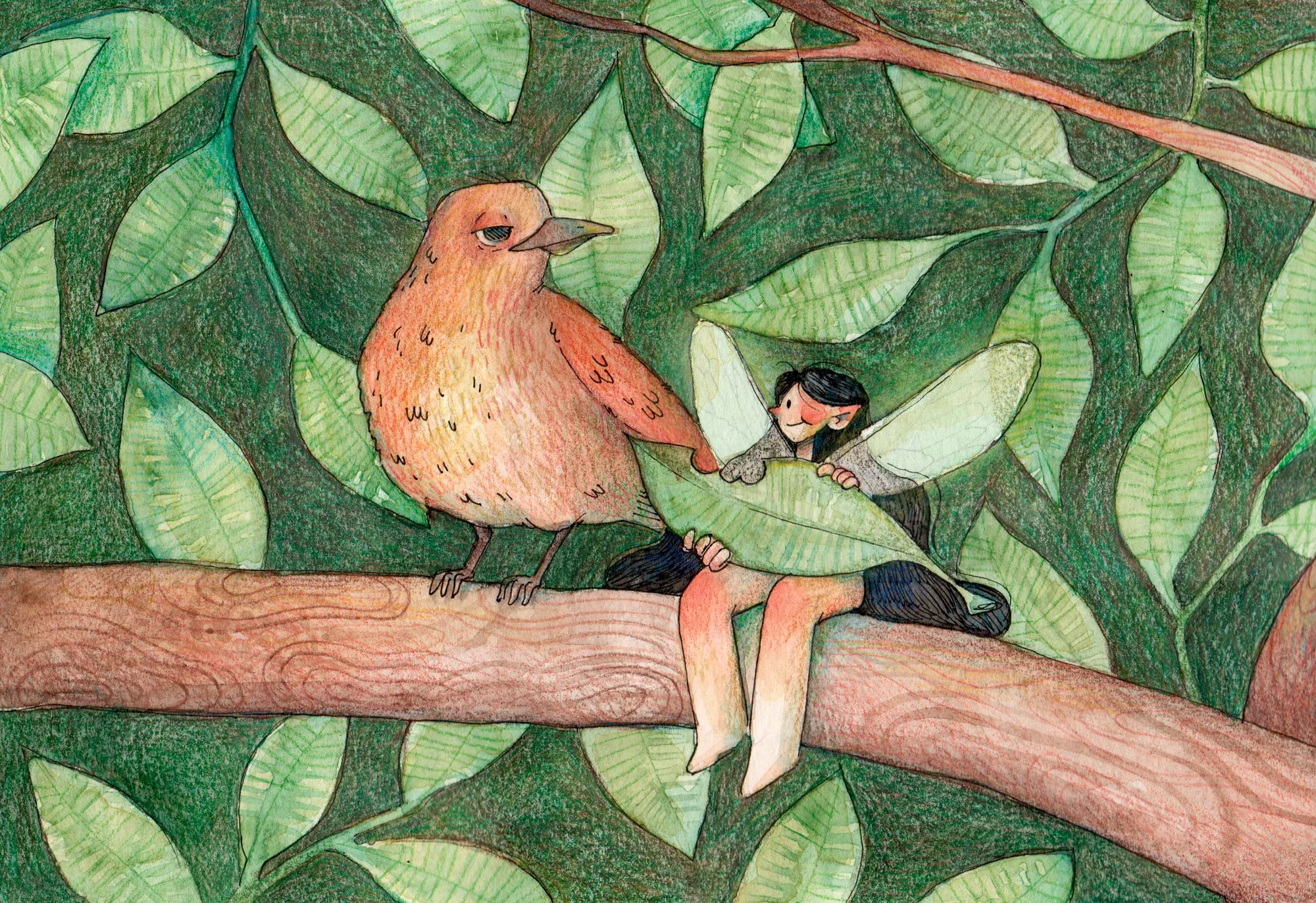 Fairy with green wings sitting on branch next to orange bird by Martina Curiotto