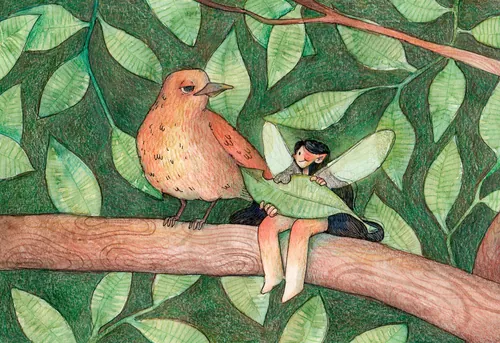Fairy with green wings sitting on branch next to orange bird by Martina Curiotto