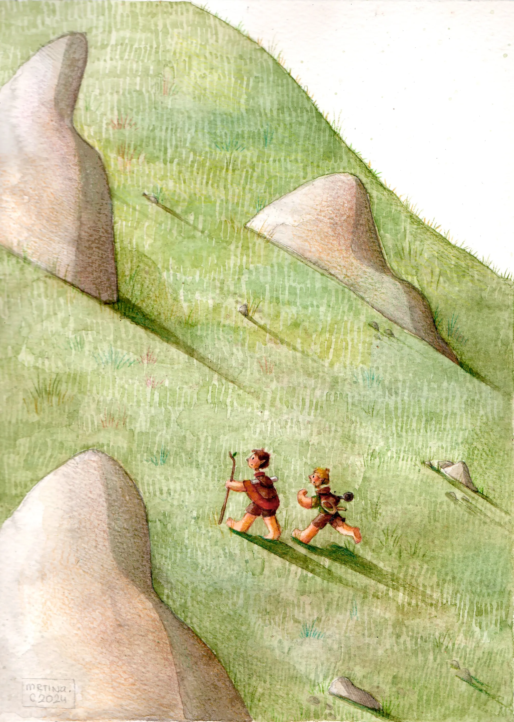 Two hobbits walking on a grassy hill with large rocks by Martina Curiotto