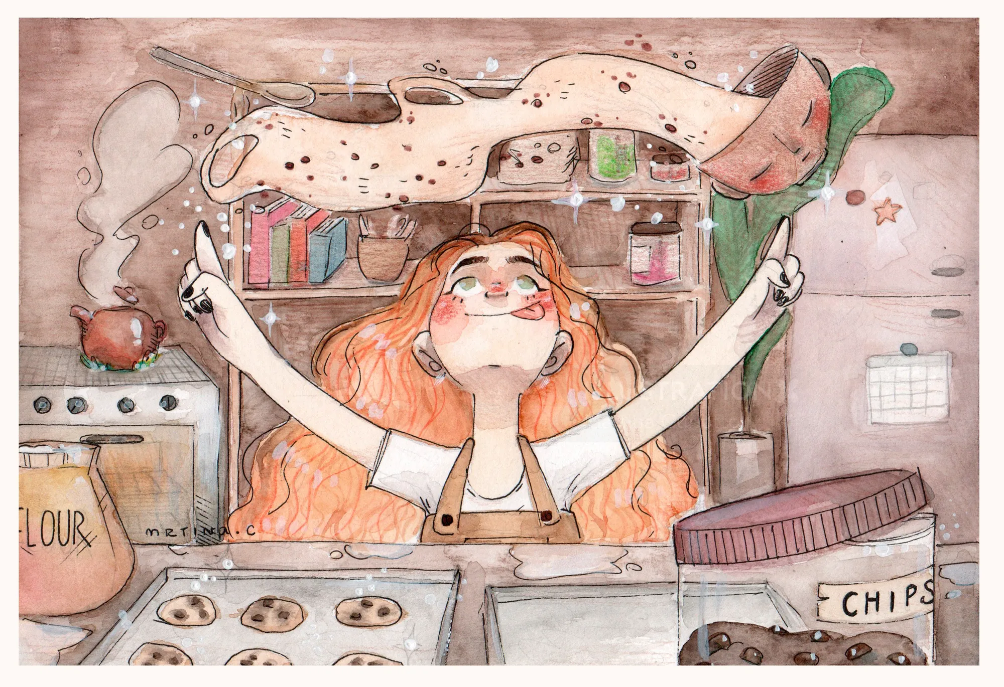 Witch with red hair baking cookies in kitchen by Martina Curiotto