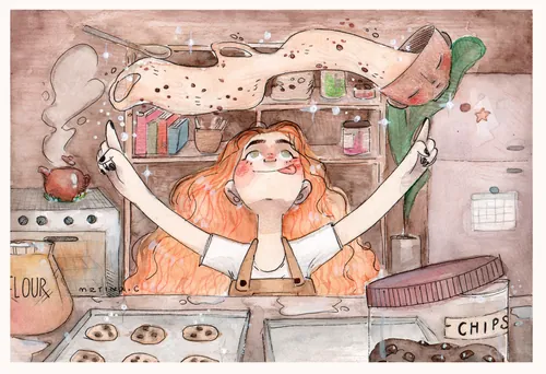Witch with red hair baking cookies in kitchen by Martina Curiotto