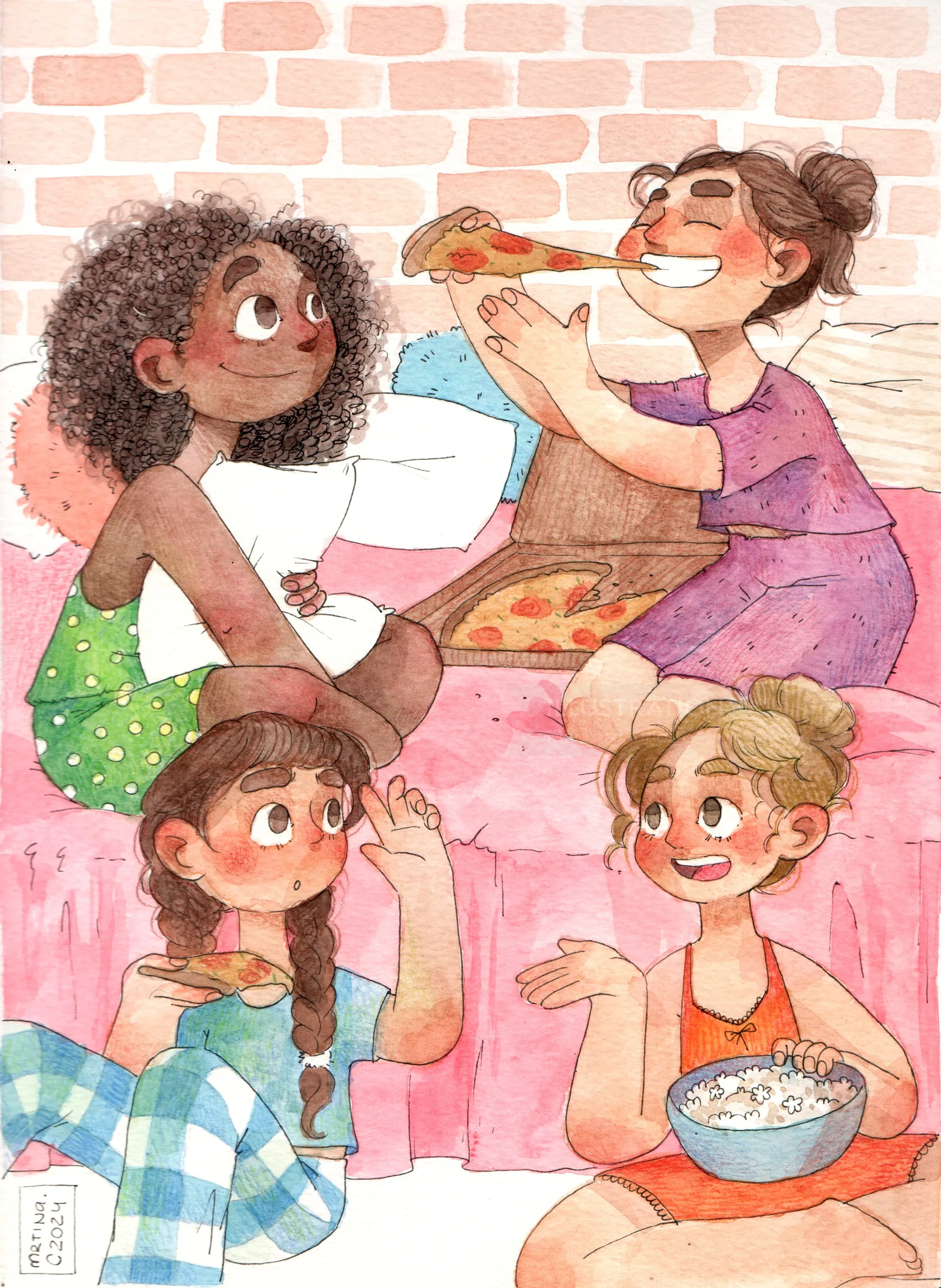 Four girls enjoying pizza and popcorn during a sleepover by Martina Curiotto