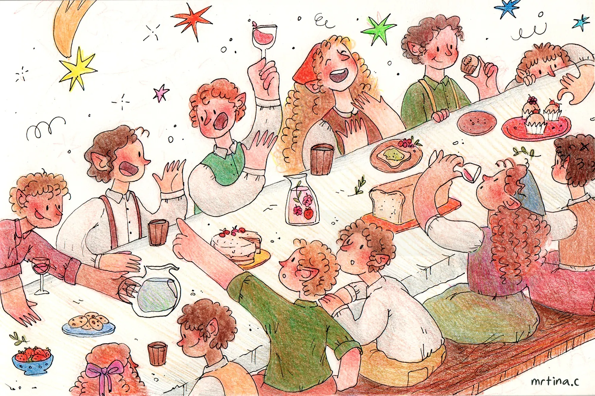Hobbits enjoying a festive feast around a long table by Martina Curiotto