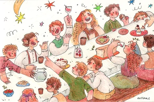 Hobbits enjoying a festive feast around a long table by Martina Curiotto