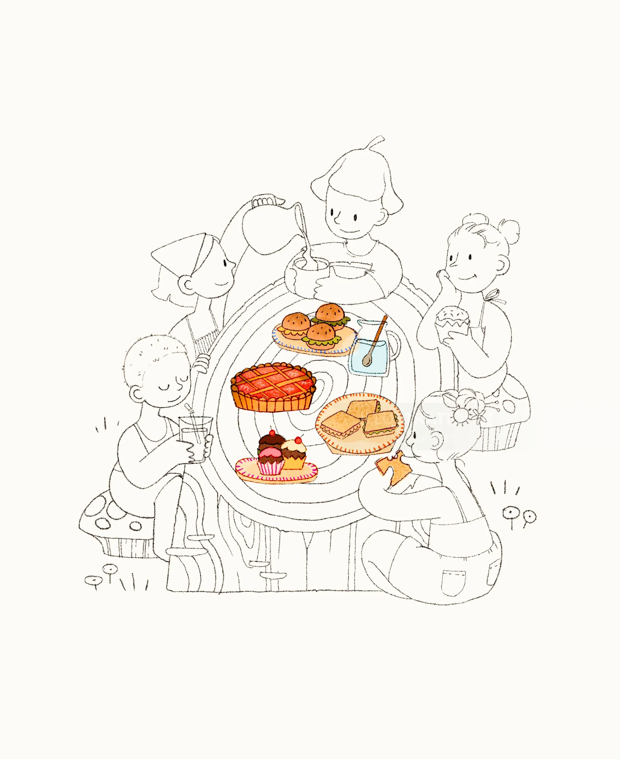 Children enjoying a picnic with snacks, by Martina Curiotto