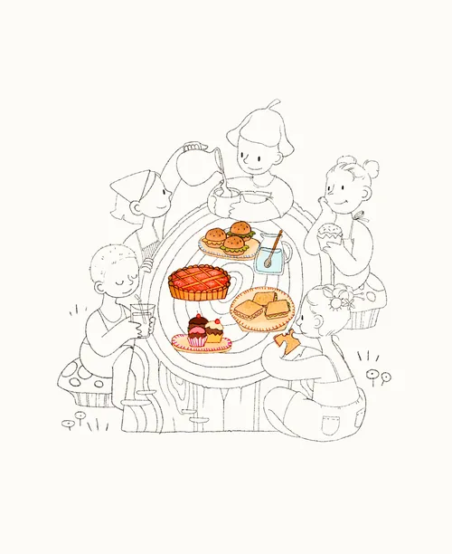 Children enjoying a picnic with snacks, by Martina Curiotto