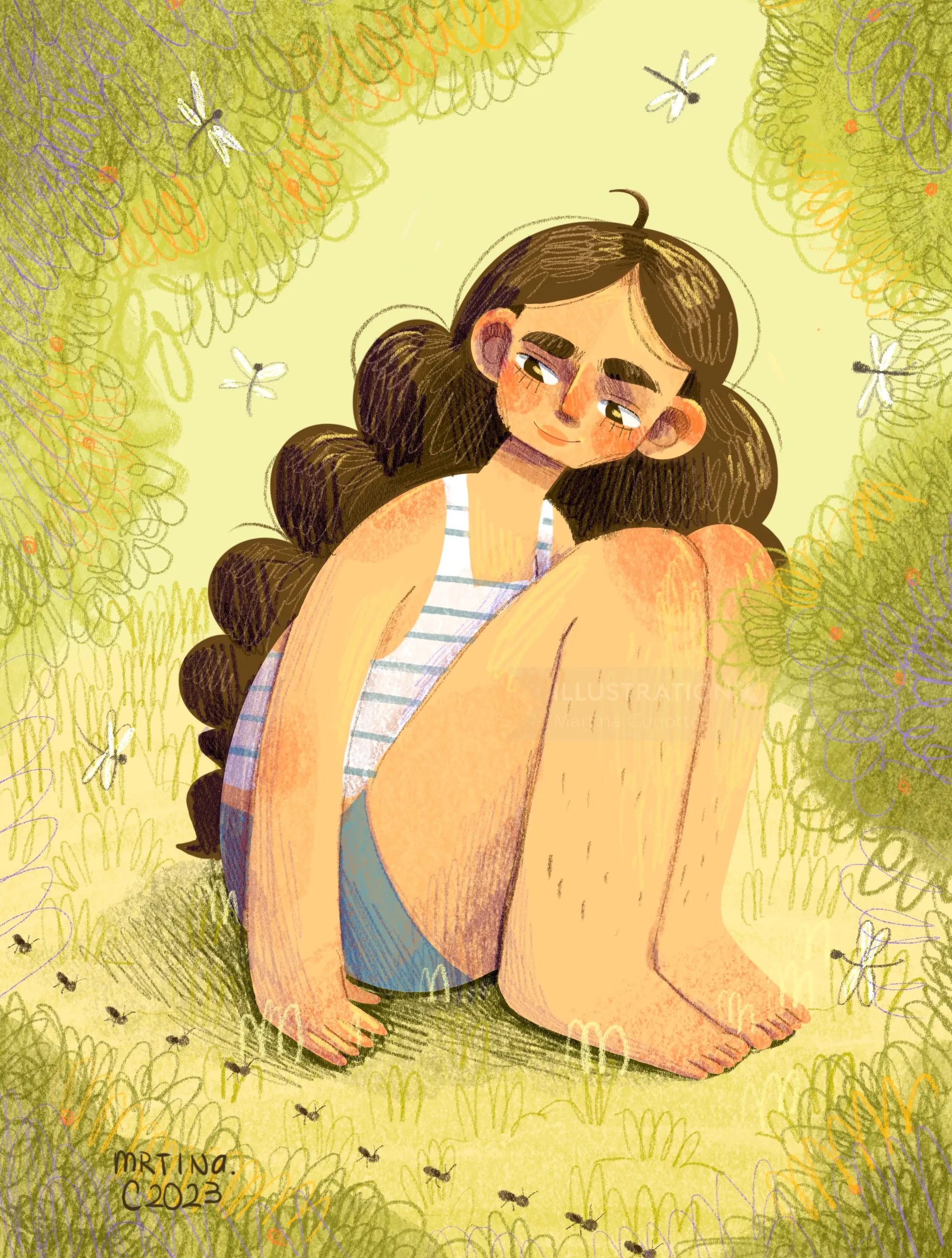 Girl sitting in garden surrounded by fireflies, artwork by Martina Curiotto