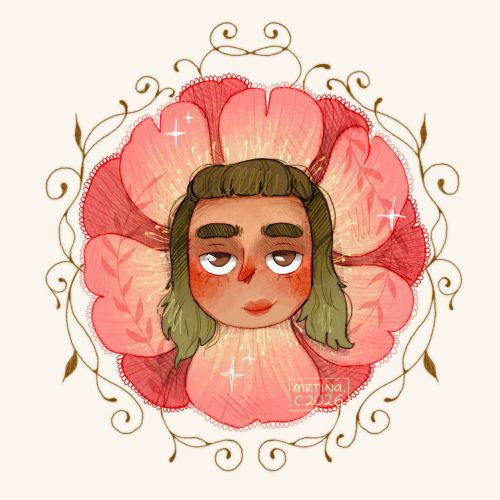 Face with green hair inside a large pink flower by Martina Curiotto