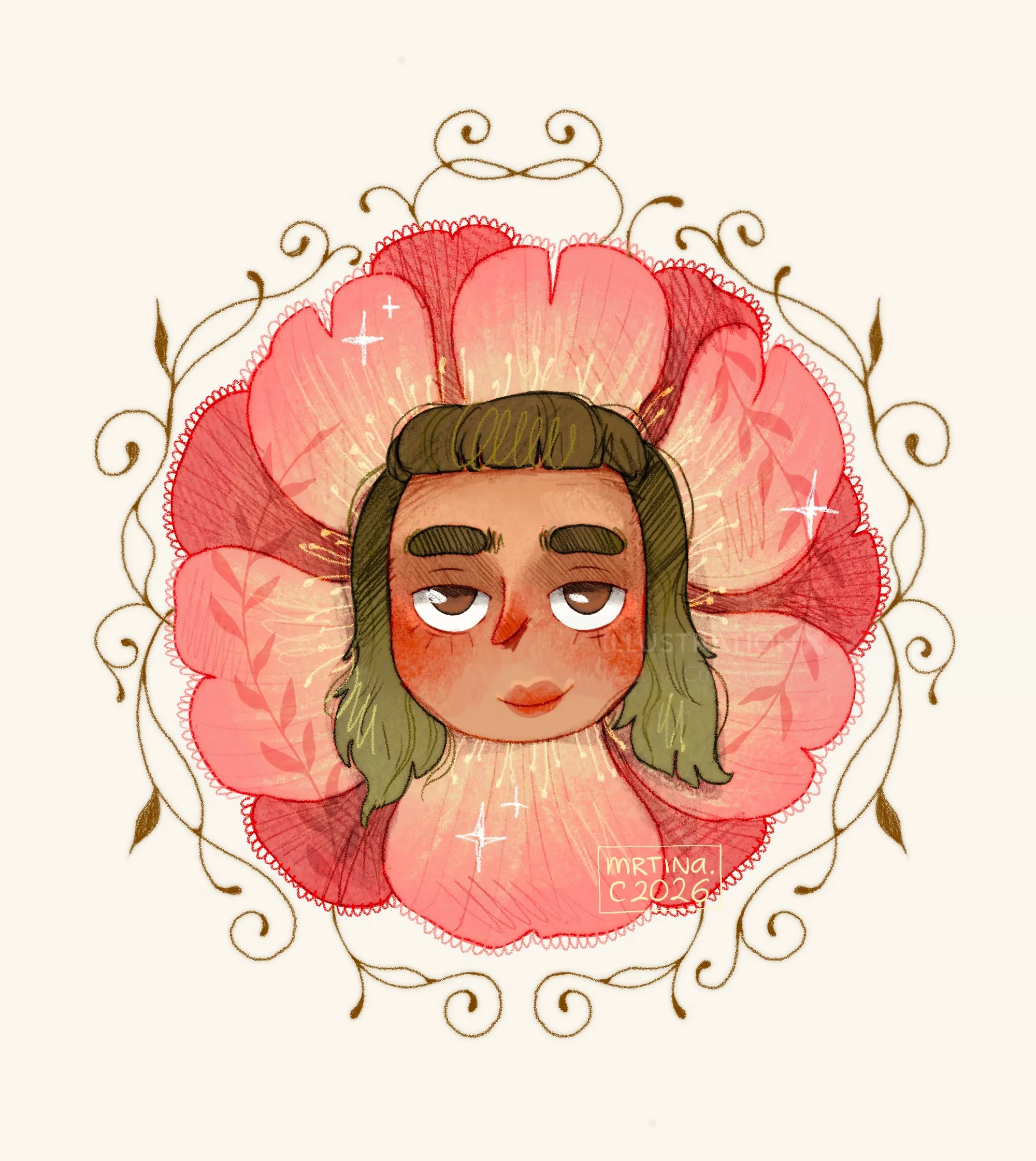 Face with green hair inside a large pink flower by Martina Curiotto