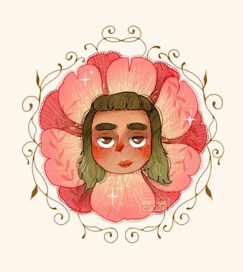 Face with green hair inside a large pink flower by Martina Curiotto