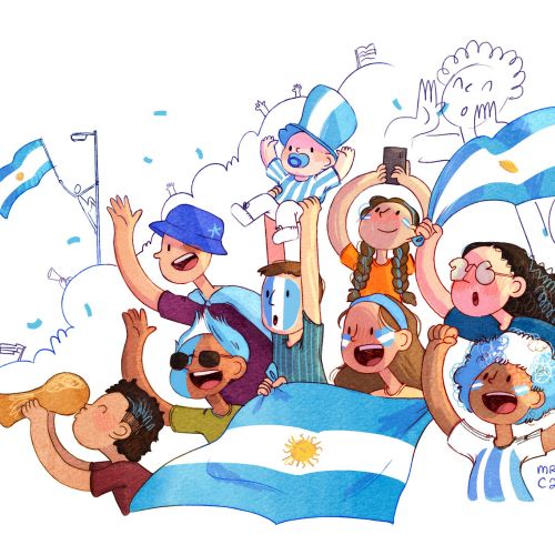 Argentina soccer fans cheering with flags and face paint by Martina Curiotto