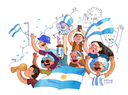 Argentina soccer fans cheering with flags and face paint by Martina Curiotto