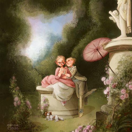 Martina Curiotto's romantic garden scene with woman, child, statue, and parasol