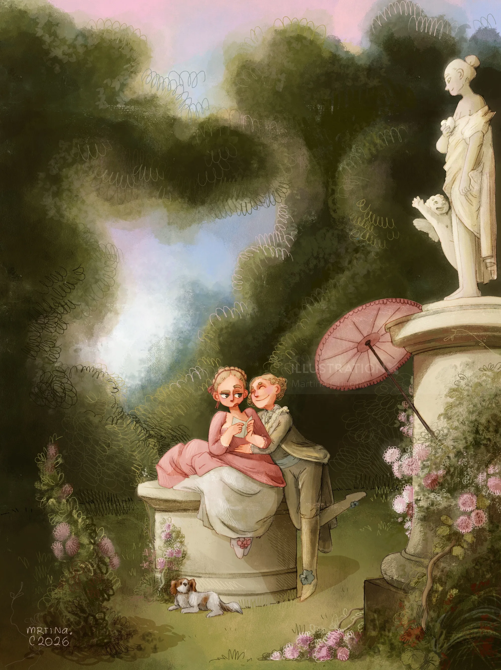 Martina Curiotto's romantic garden scene with woman, child, statue, and parasol