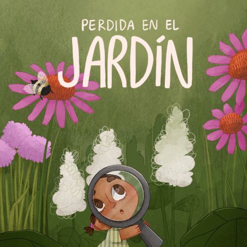 Illustration by Martina Curiotto of a girl exploring a garden with a magnifying glass
