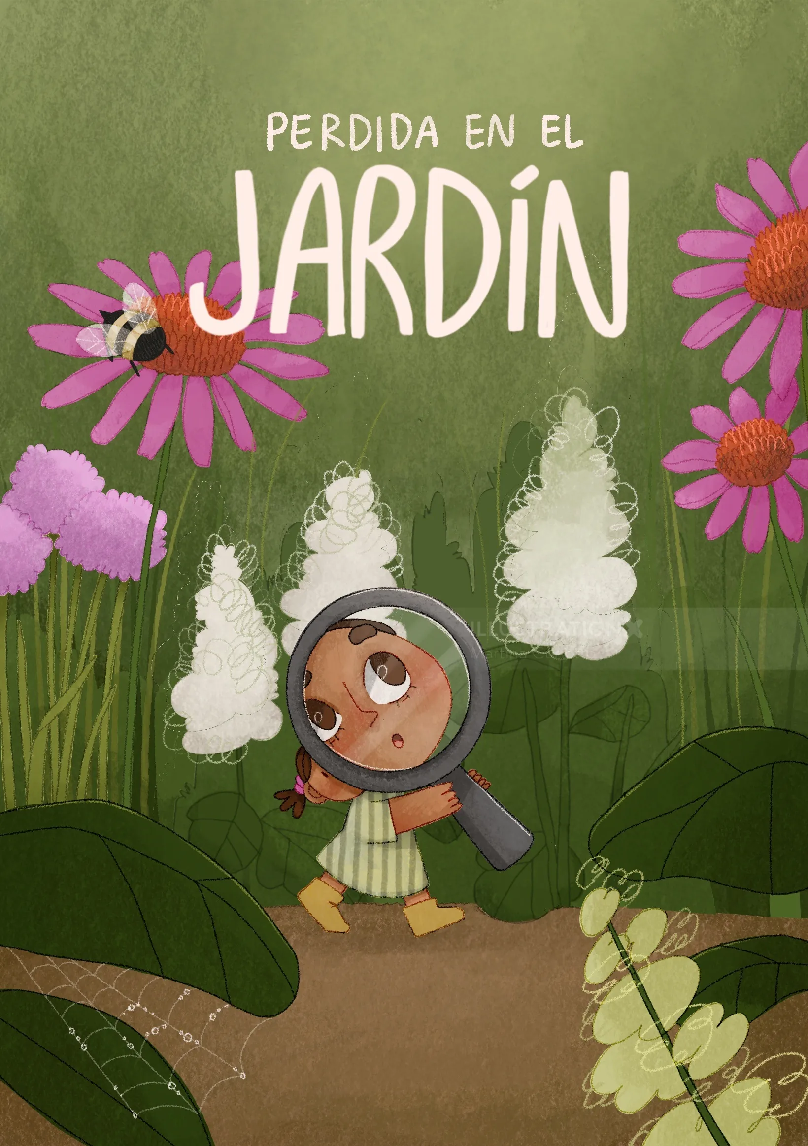 Illustration by Martina Curiotto of a girl exploring a garden with a magnifying glass