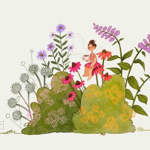 Martina Curiotto illustration of a girl among colorful wildflowers