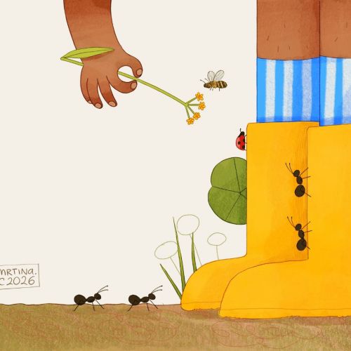 Martina Curiotto illustration of a yellow boot surrounded by ants and insects