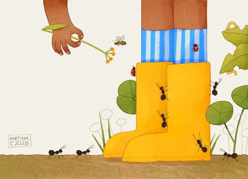 Ilustração de Martina Curiotto de uma bota amarela rodeada de formigas e insetos.