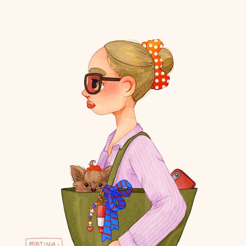 Illustration by Martina Curiotto of a girl carrying a small pet in a decorated bag.