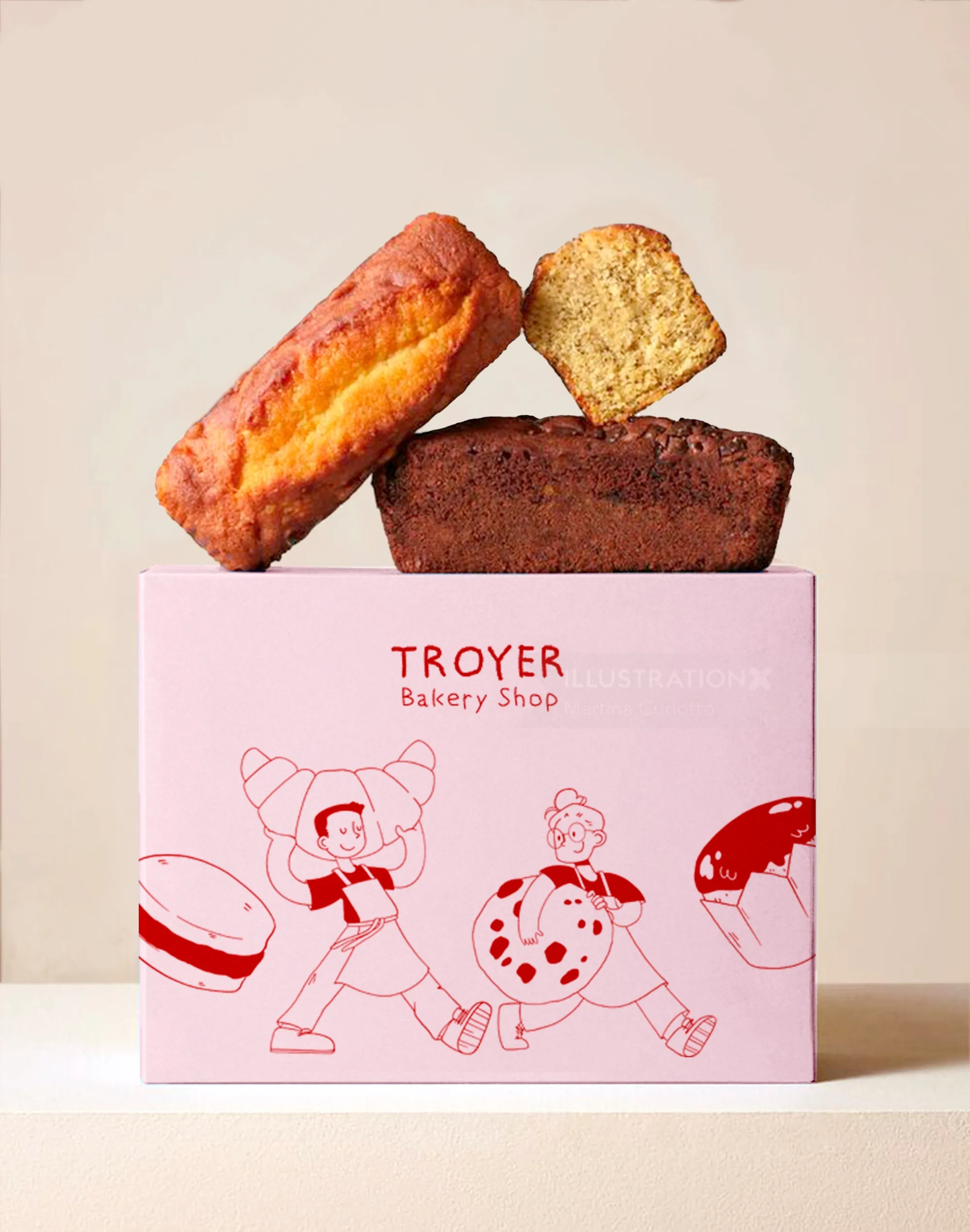 Martina Curiotto illustration of a Troyer Bakery Shop pastry box with baked goods