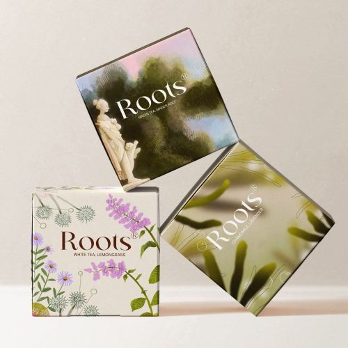 Roots tea packaging with botanical designs by Martina Curiotto