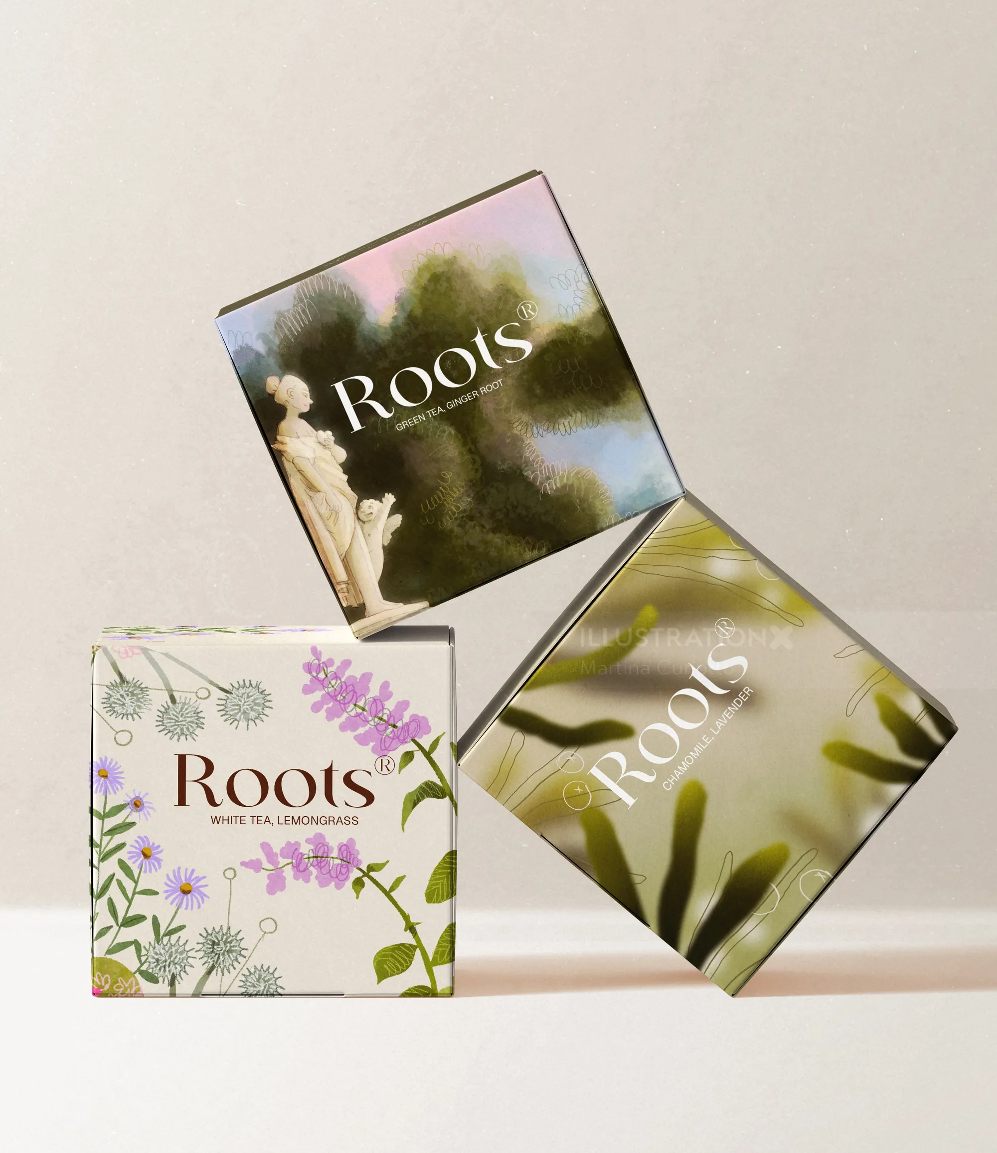 Roots tea packaging with botanical designs by Martina Curiotto
