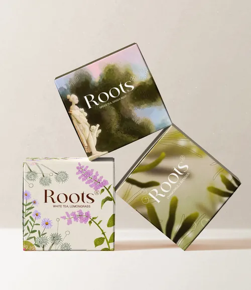 Roots tea packaging with botanical designs by Martina Curiotto