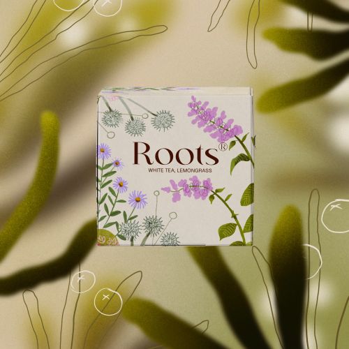 Roots tea package by Martina Curiotto surrounded by botanical leaves