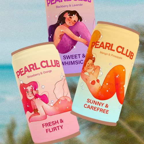 Martina Curiotto illustration of three colorful Pearl Club soda cans