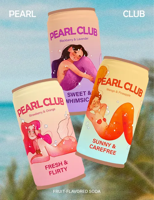 Martina Curiotto illustration of three colorful Pearl Club soda cans