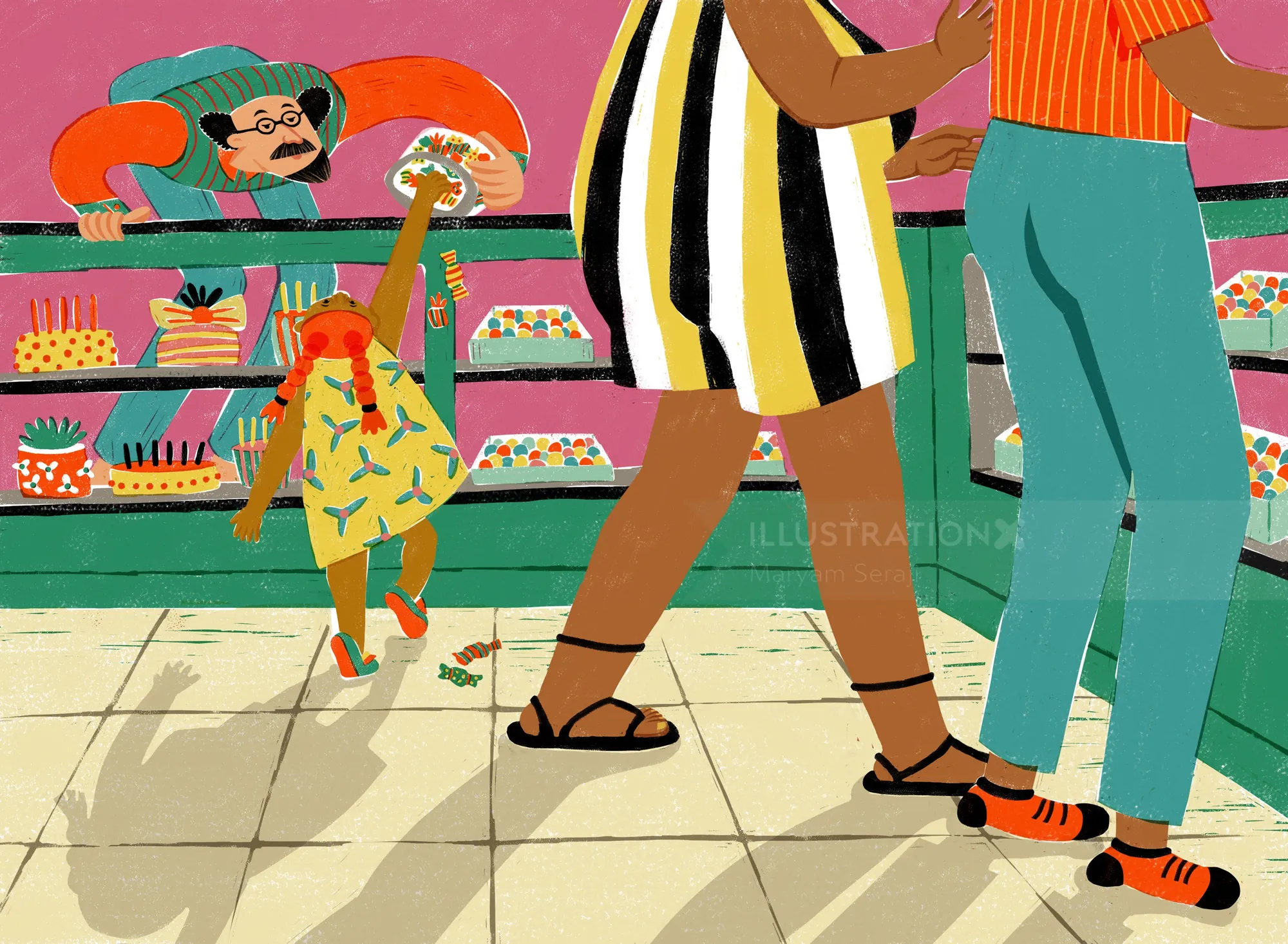 Child dressed as worm near bakery counter with customers