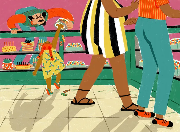 Child dressed as worm near bakery counter with customers