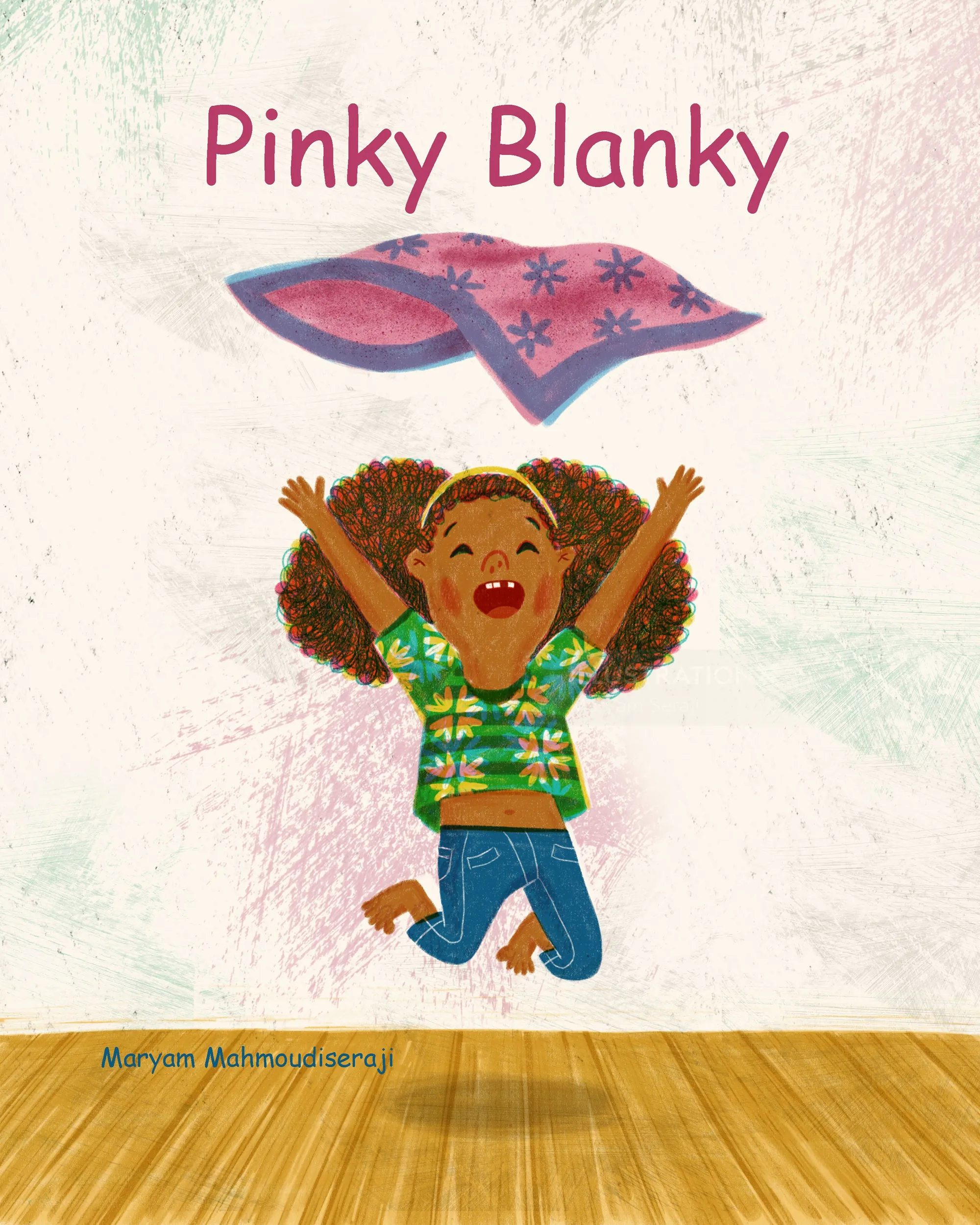 Happy girl jumping with a pink and blue blanket above her