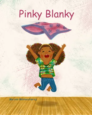 Happy girl jumping with a pink and blue blanket above her