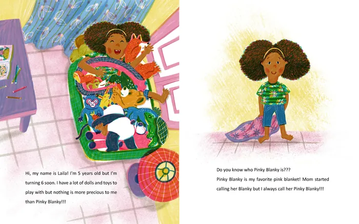 Illustration of a girl hugging a colorful imaginary creature in a cozy room