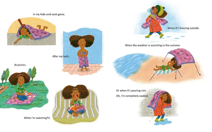 Illustrations of a girl in various weather and activity scenes