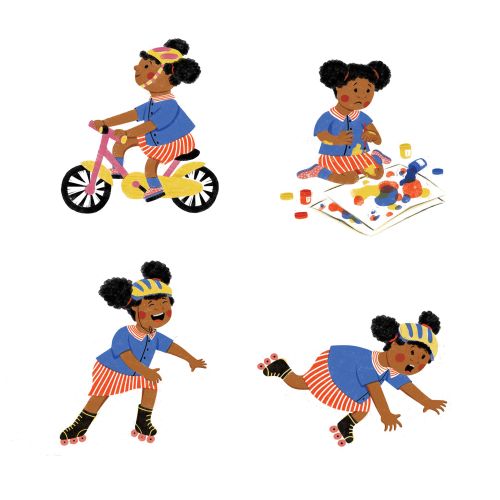 Young girl in striped skirt playing, biking, painting, and skating