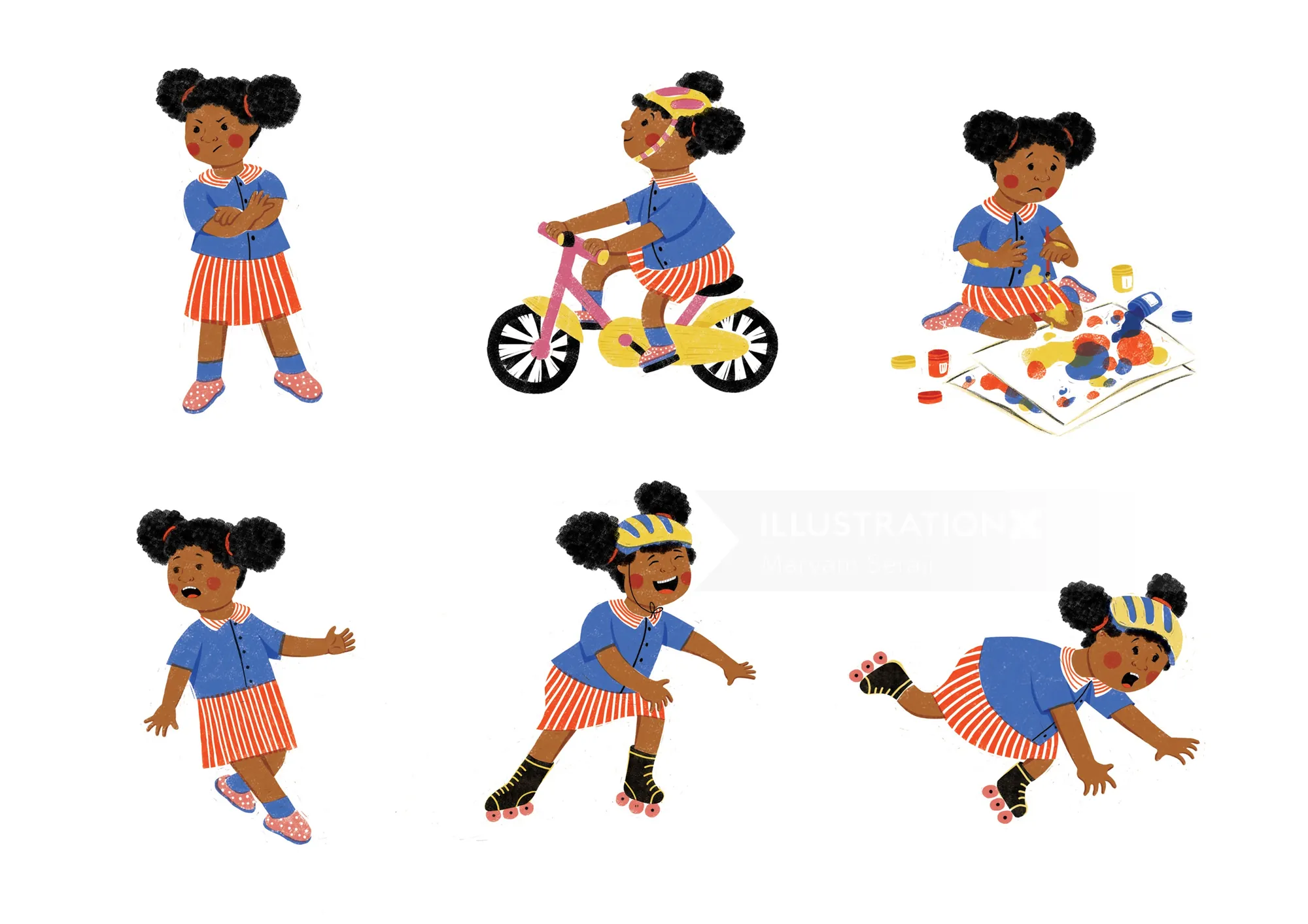 Young girl in striped skirt playing, biking, painting, and skating